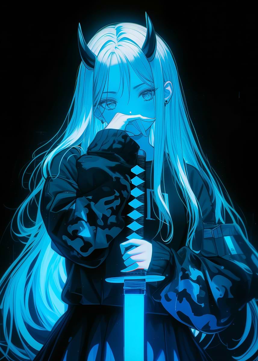 Blue Samurai Neon Anime Girl' Poster, picture, metal print, paint