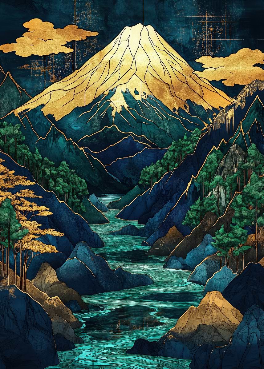 黄金の調和の木 DISPLATE メタリック ポスター ( #8833 ) Golden Mount Fuji Landscape' Poster, picture, metal print, paint