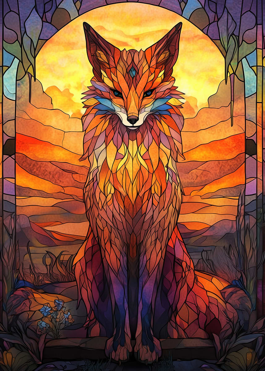 Mystic Kitsune Stained Glass' Poster, picture, metal print, paint