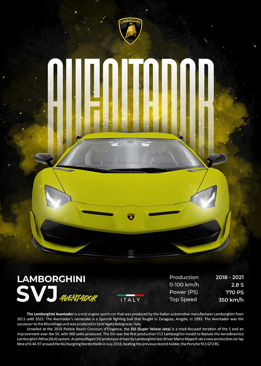 Lamborghini Aventador SVJ' Poster, picture, metal print, paint by
