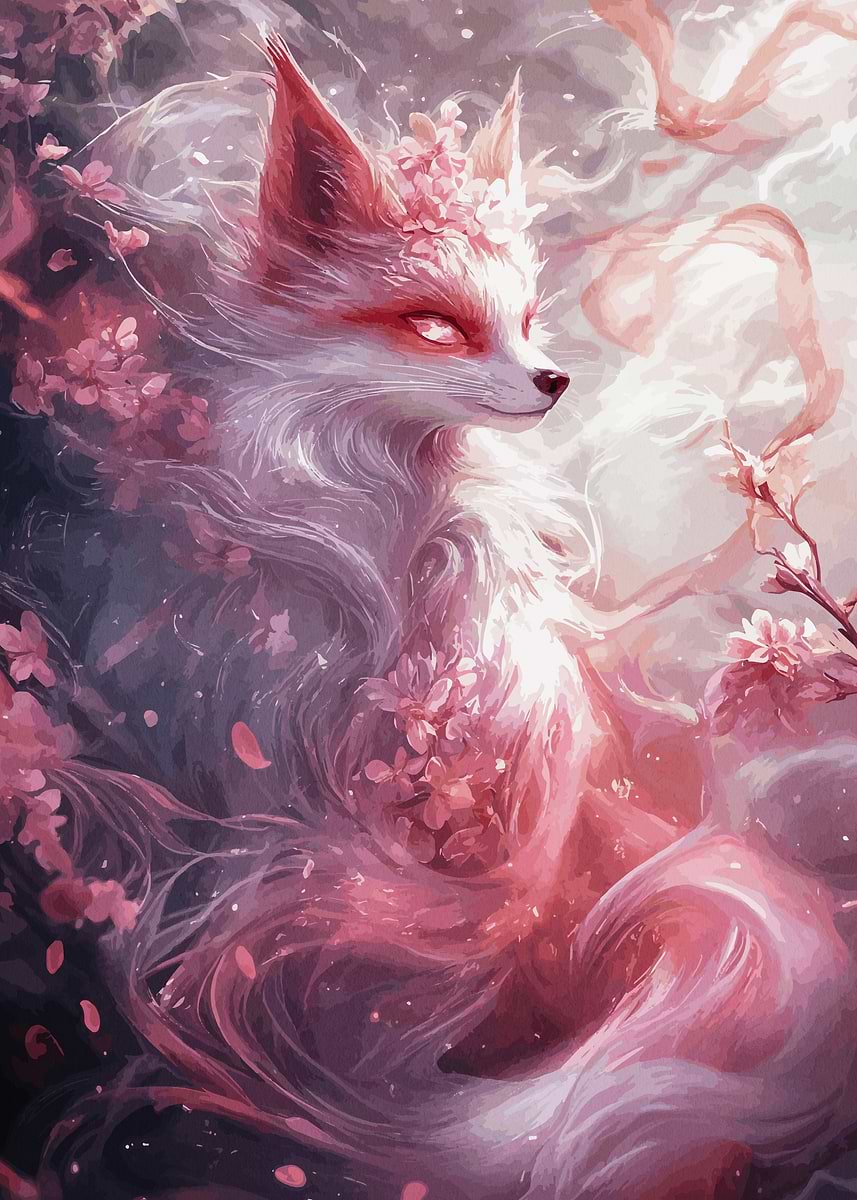 Mystical Fox with Cherry Blossoms' Poster, picture, metal print