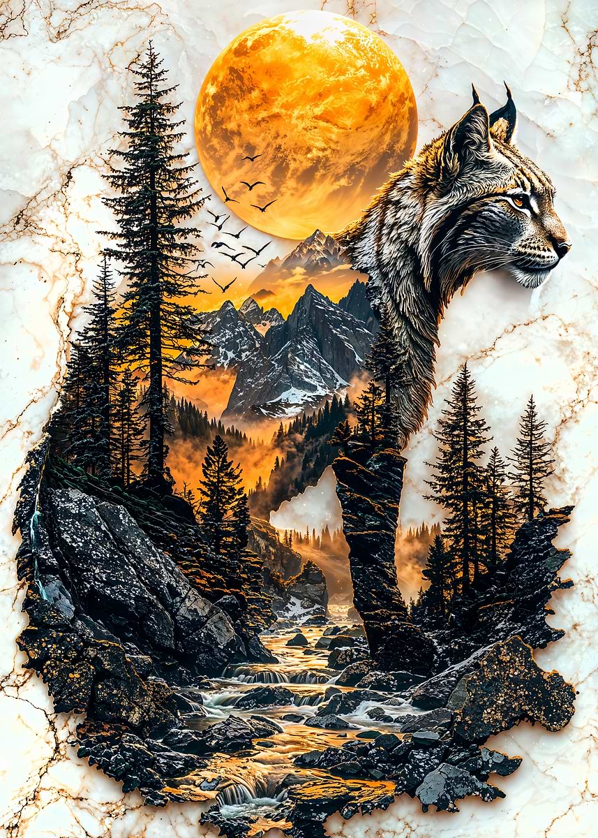 Lynx Mountain Sunset — from the Avatars Of Nature collection, a Pixaverse metal print