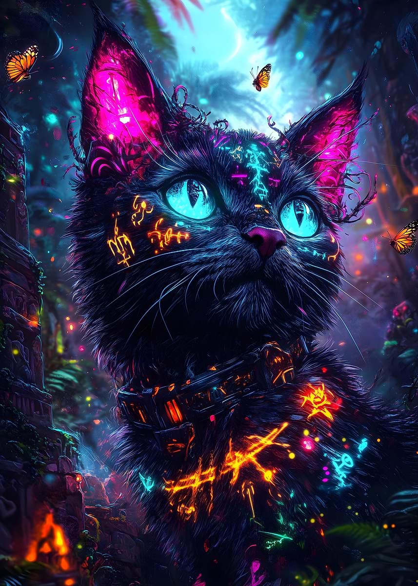 Neon Cat in Forest' Poster, picture, metal print, paint by