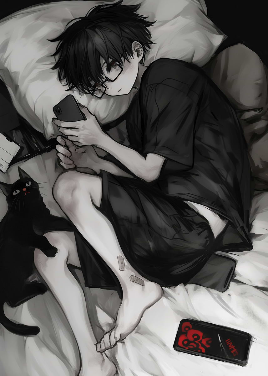 Anime Boy on Bed with Phone' Poster, picture, metal print, paint