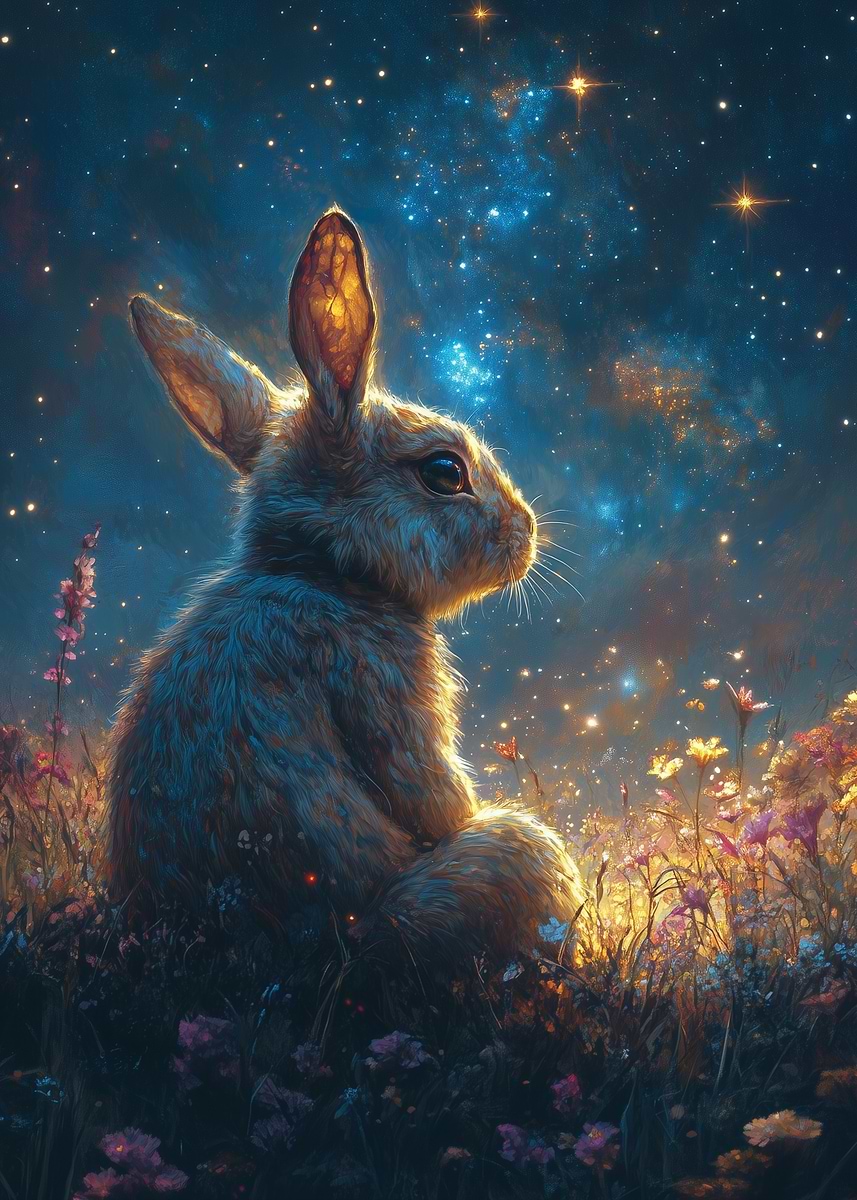A Starry Rabbit 'Rabbit Under Starry Sky' Poster, picture, metal print, paint by ...