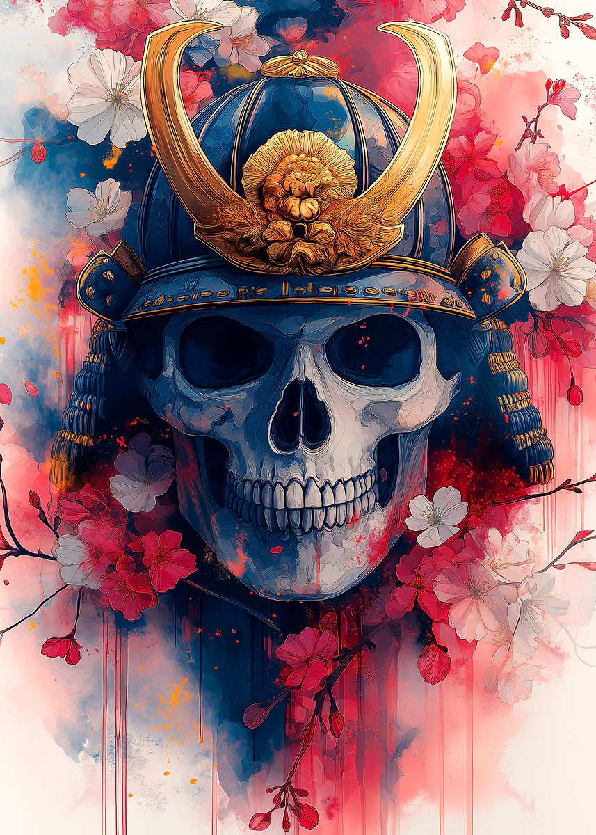 Samurai Skull with Cherry Blossoms' Poster, picture, metal print