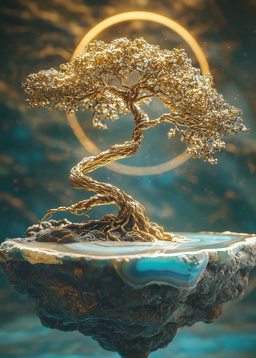 黄金の調和の木 DISPLATE メタリック ポスター ( #8833 ) Bonsai Tree with Golden Moon' Poster, picture, metal print, paint