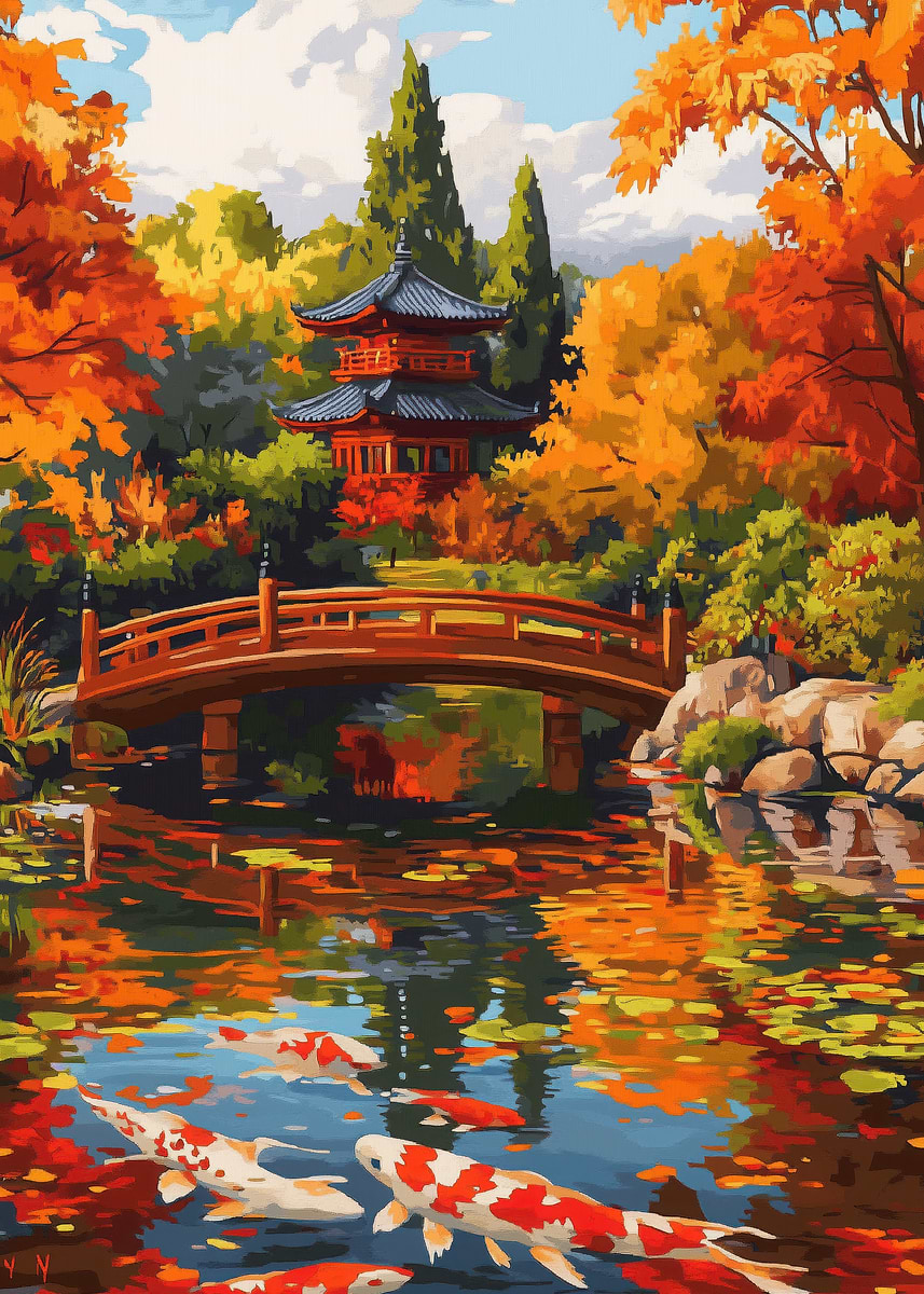 Japanese Garden with Koi' Poster, picture, metal print, paint by