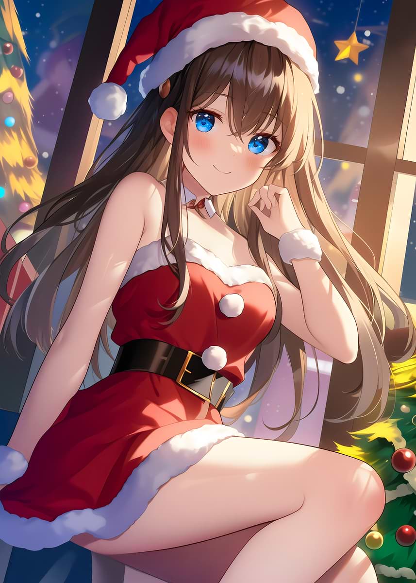 anime christmas dress Sweater Navy Blue / L Festive Knit Design Anime Girl in Santa Outfit'