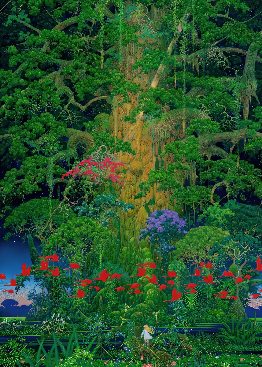 モモイロインコ、テンニョインコの絵画セット Enchanted Forest Painting by Hiroo Isono' Poster, picture, metal