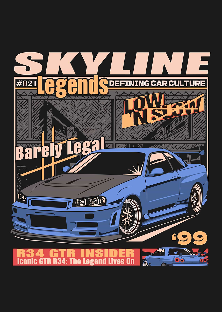 Nissan Skyline R34 GTR' Poster, picture, metal print, paint by