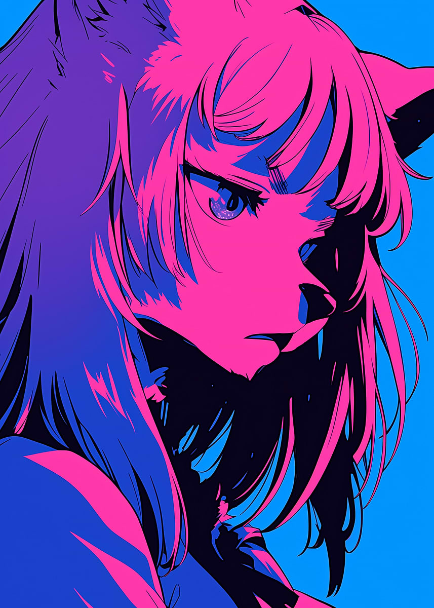 Anime Girl with Blue and Pink' Poster, picture, metal print, paint