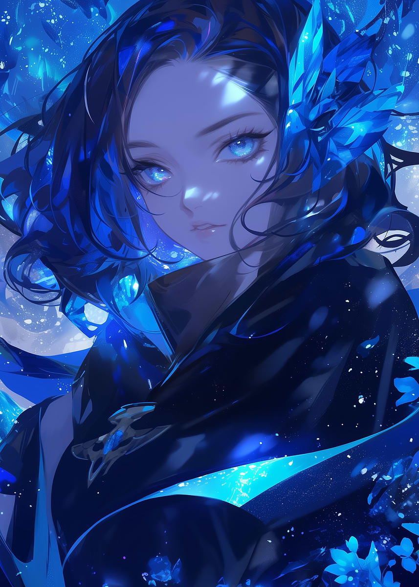 Blue Anime Girl with Crystal' Poster, picture, metal print, paint