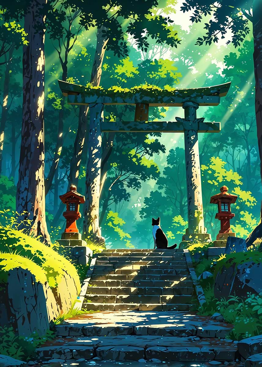 Cat at Torii Gate' Poster, picture, metal print, paint by Egemon