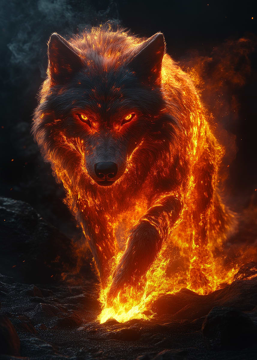 Alpha Wolf in flames Poster, Picture & Metal Print – Mythical