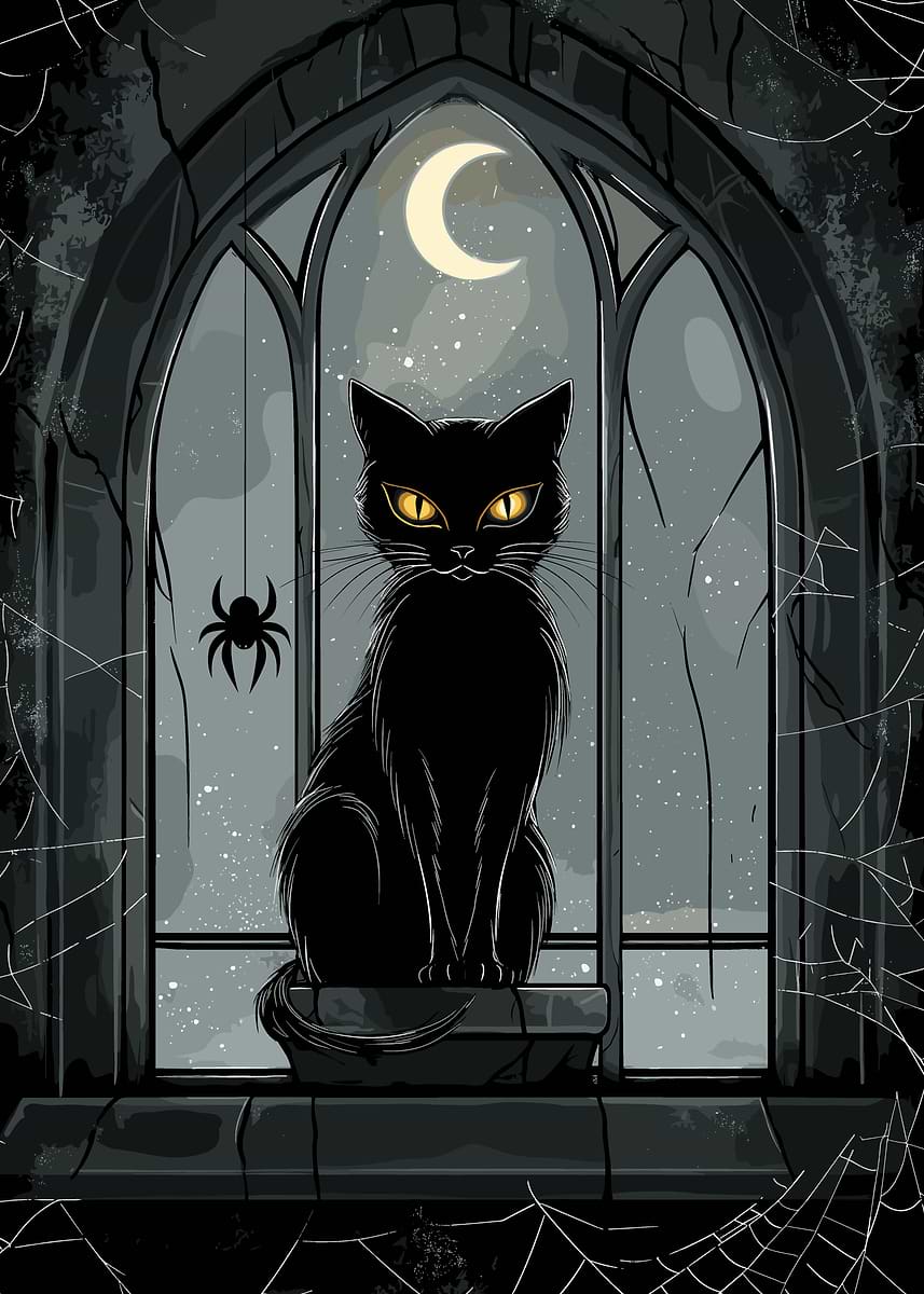 Black Cat Window' Poster, picture, metal print, paint by pixelbull