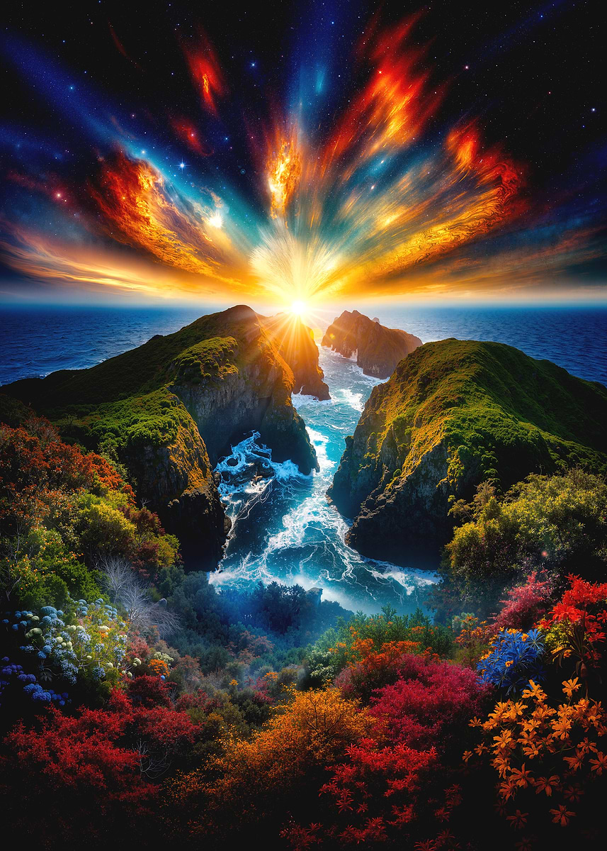 'Cosmic Sunset Over Sea Cliffs' Poster, picture, metal print, paint by ...