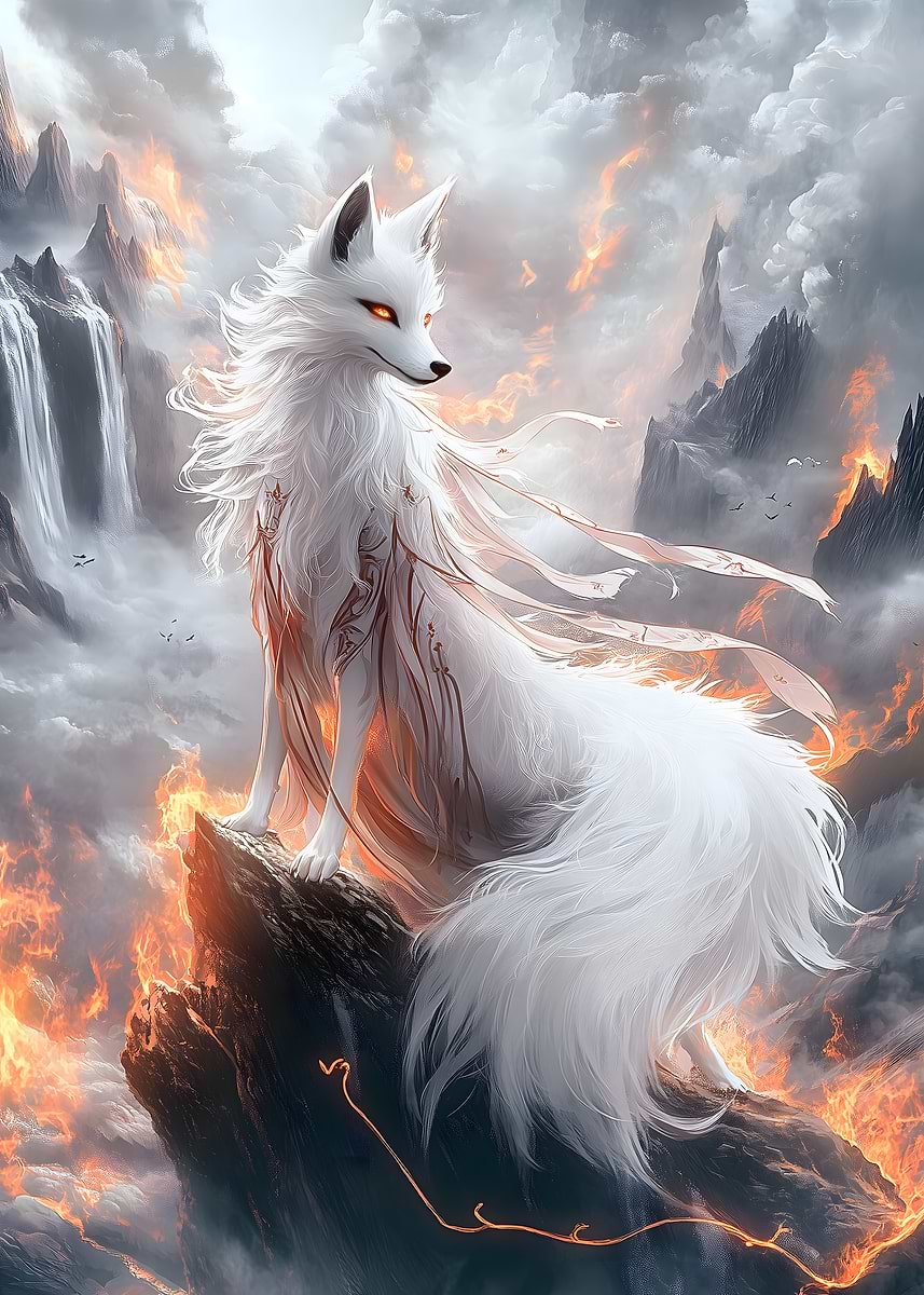 White kitsune Fox in Fiery Landscape' Poster, picture, metal print