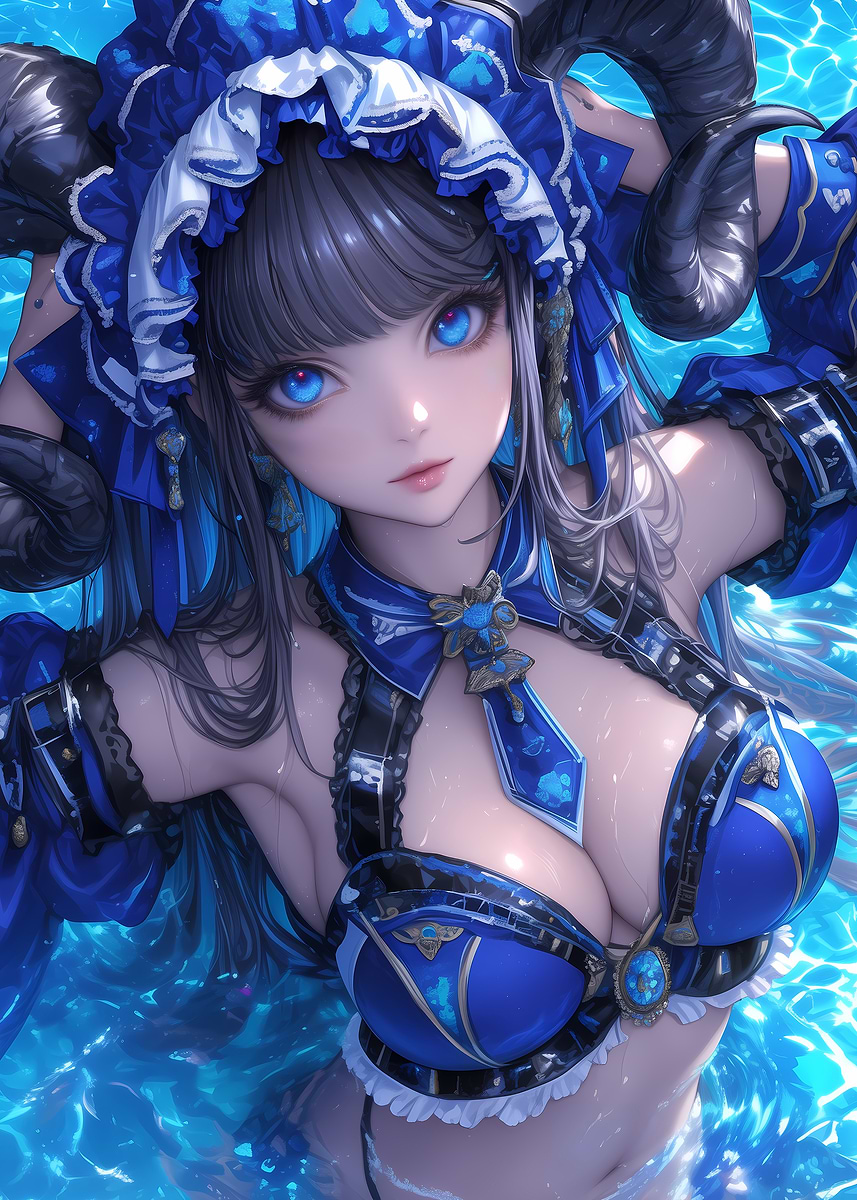 Anime Girl in Blue Swimsuit Gaming' Poster, picture, metal print