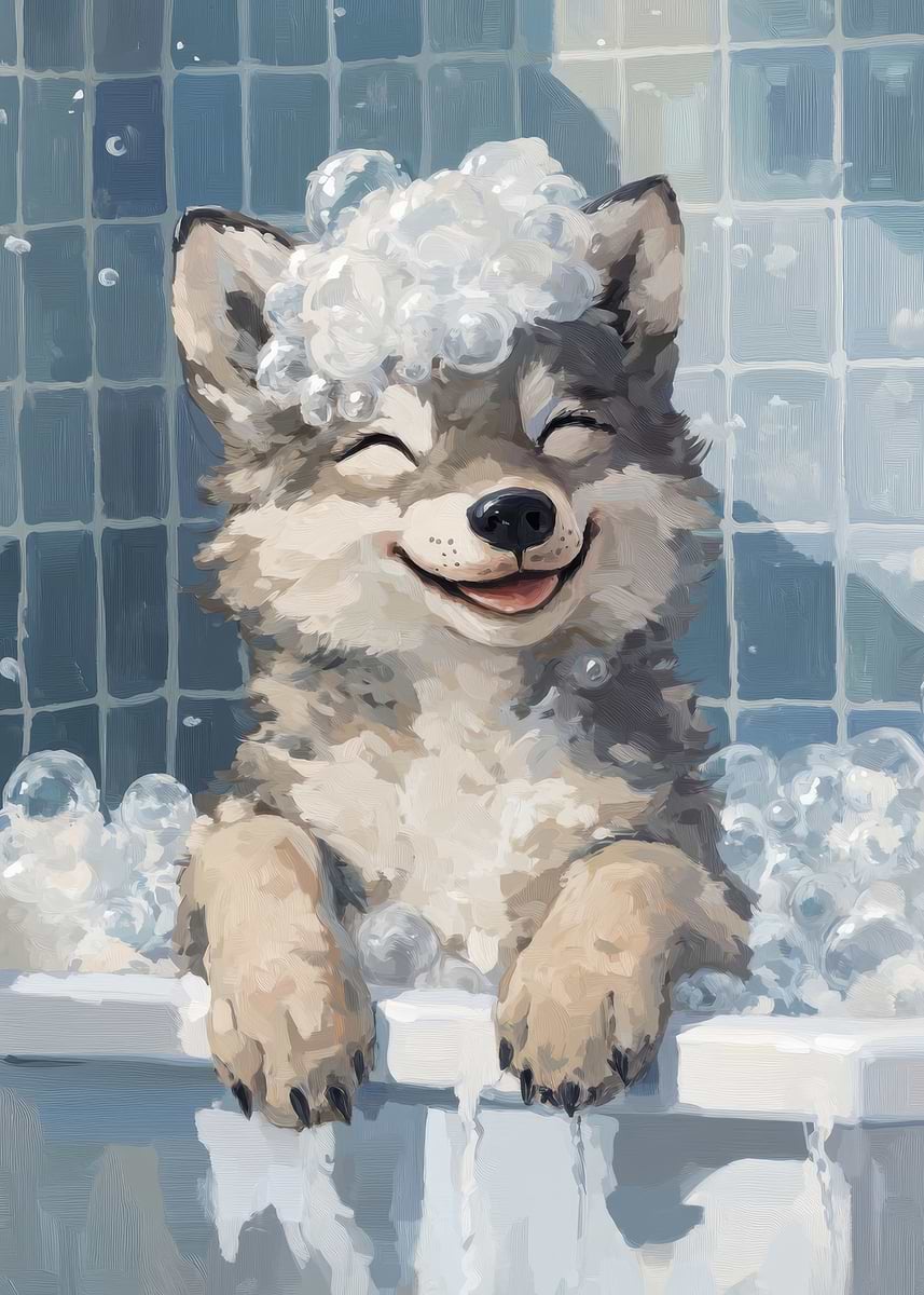 Wolves Bath 'Wolf Pup Bath Time' Poster, picture, metal print, paint by Mason Clark ...
