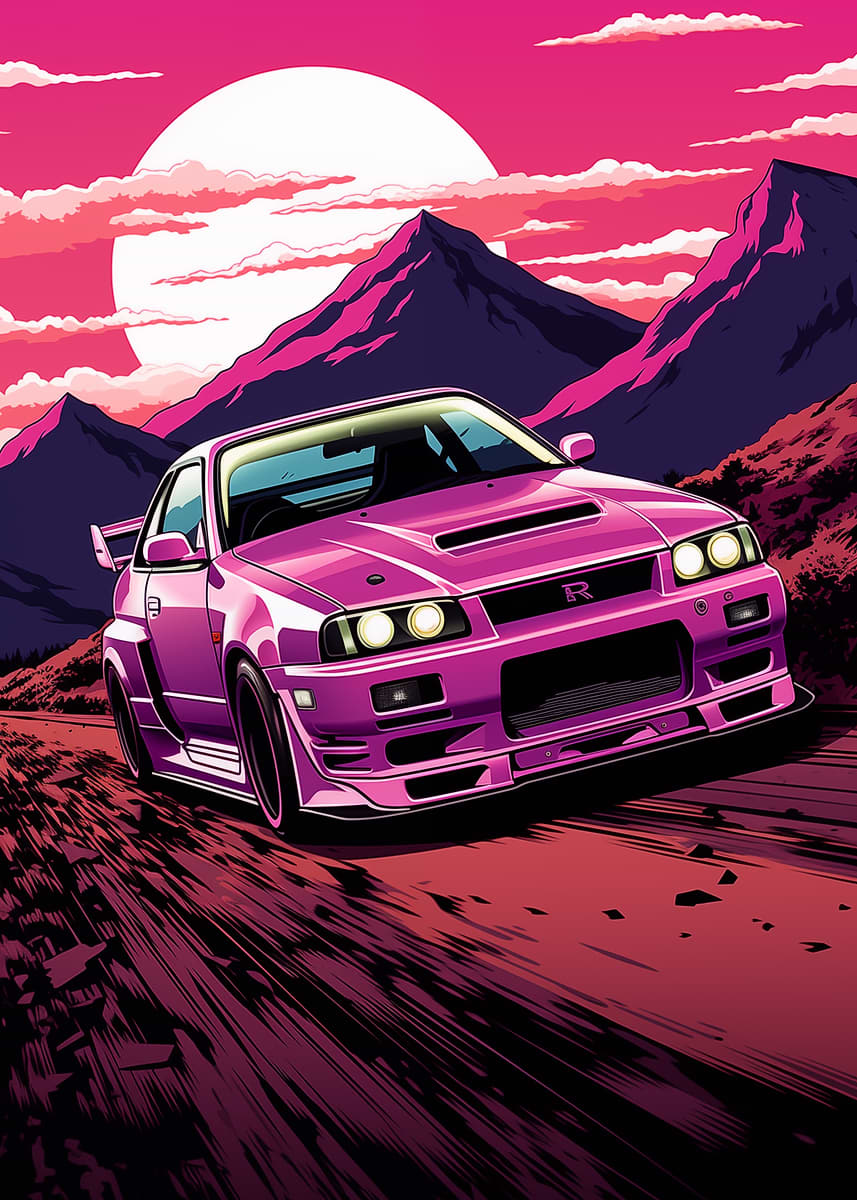 'Pink Nissan Skyline R33' Poster, picture, metal print, paint by Art ...