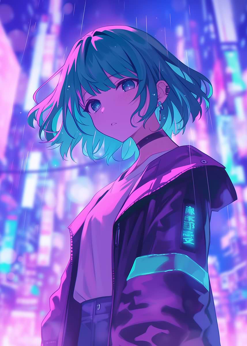 Anime Girl in Neon City' Poster, picture, metal print, paint by