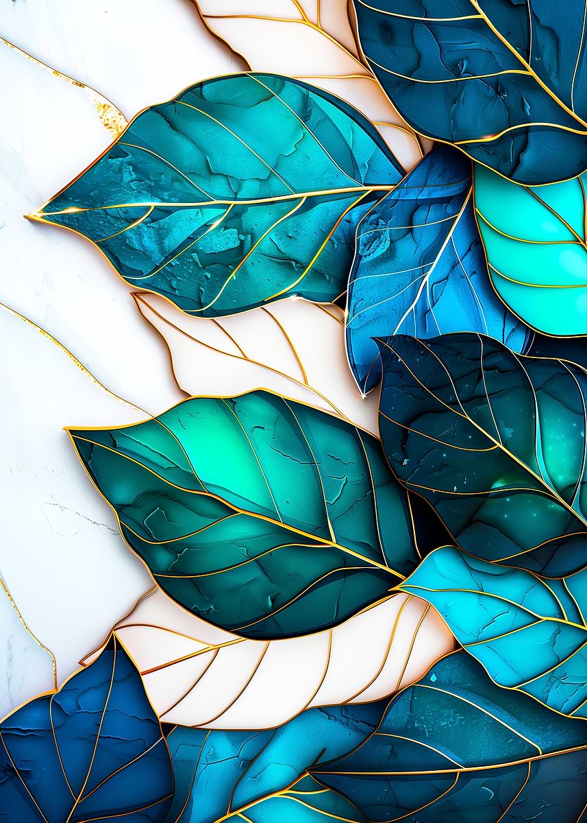 Gold Veined Blue Leaves' Poster, picture, metal print, paint by
