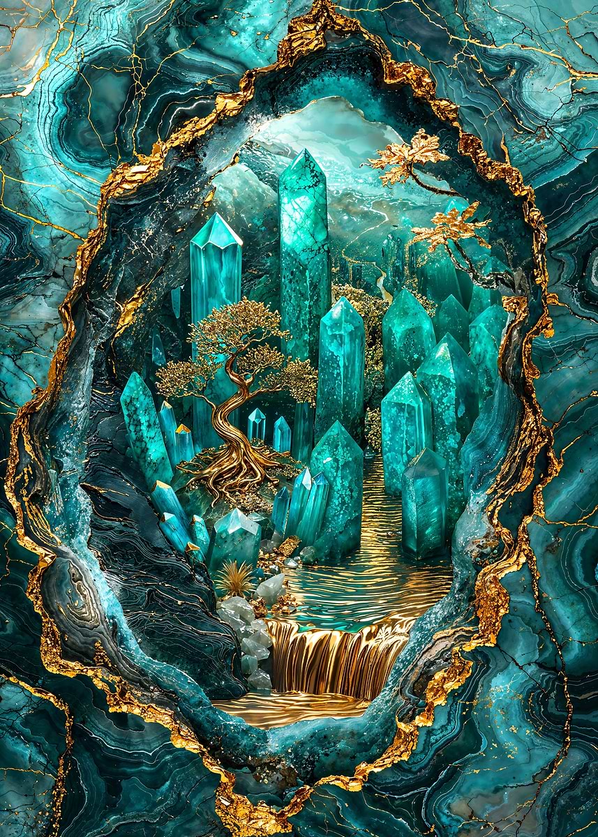 Enchanted Crystal Cavern — from the Abstract Nature Kintsugi collection, a Pixaverse metal print