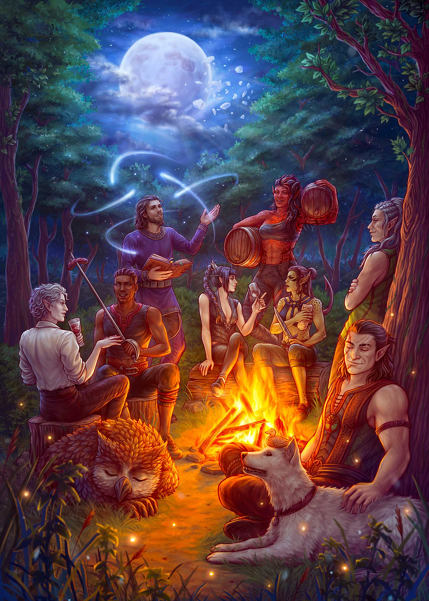This original Baldur's Gate III art features the party relaxing by the fire before the long rest. Astarion and Wyll are deep in playful conversation. Gale is casting Dancing Lights. Karlach makes sure they have plenty of ale to drink.