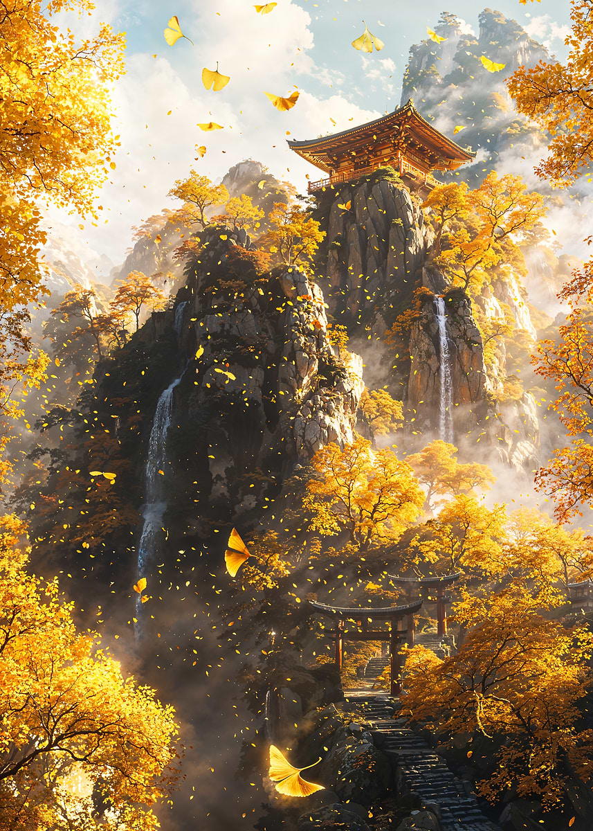 Golden Ginkgo Retreat — from the Soul Of Japan collection, a Pixaverse metal print