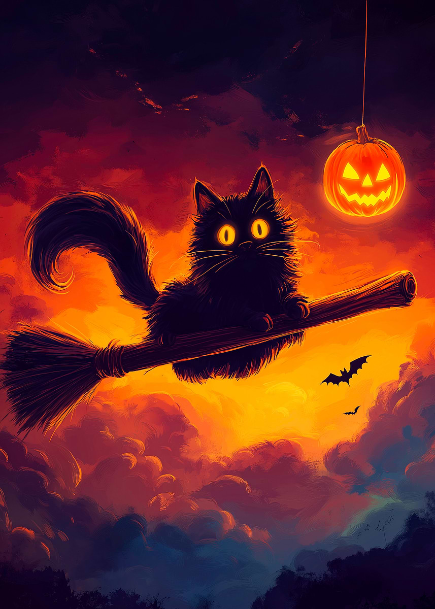 Black Cat on Broom' Poster, picture, metal print, paint by Juan