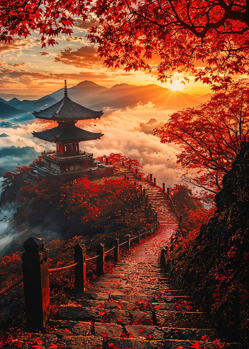 The warm, golden light of the rising sun gently illuminates a traditional pagoda nestled among vibrant autumn foliage.