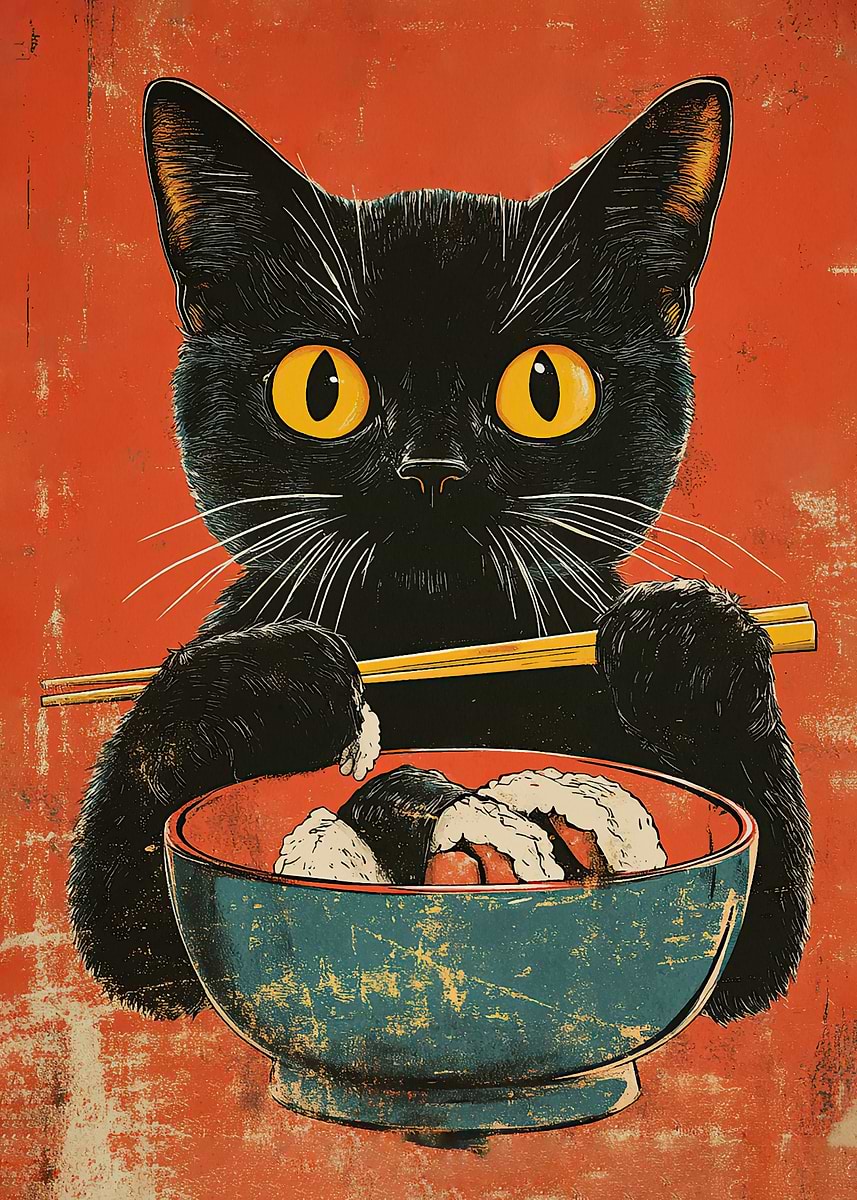 Black Cat Eating Sushi' Poster, picture, metal print, paint by