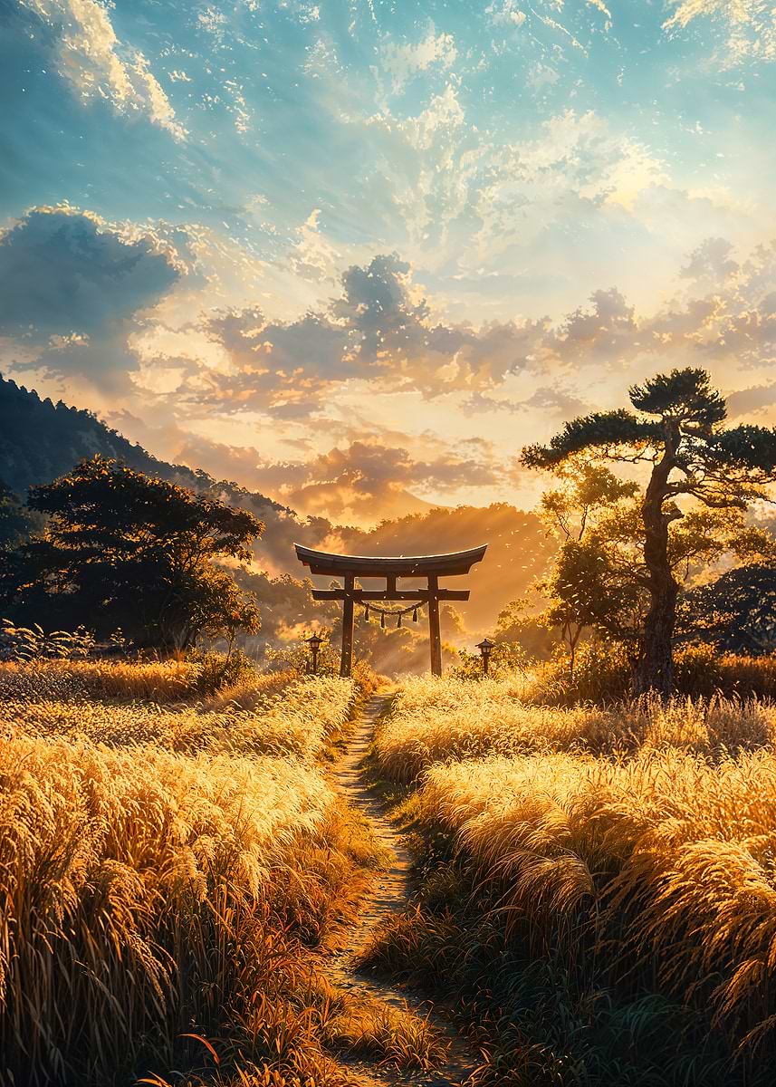 Sunset Torii Meadow — from the Soul Of Japan collection, a Pixaverse metal print