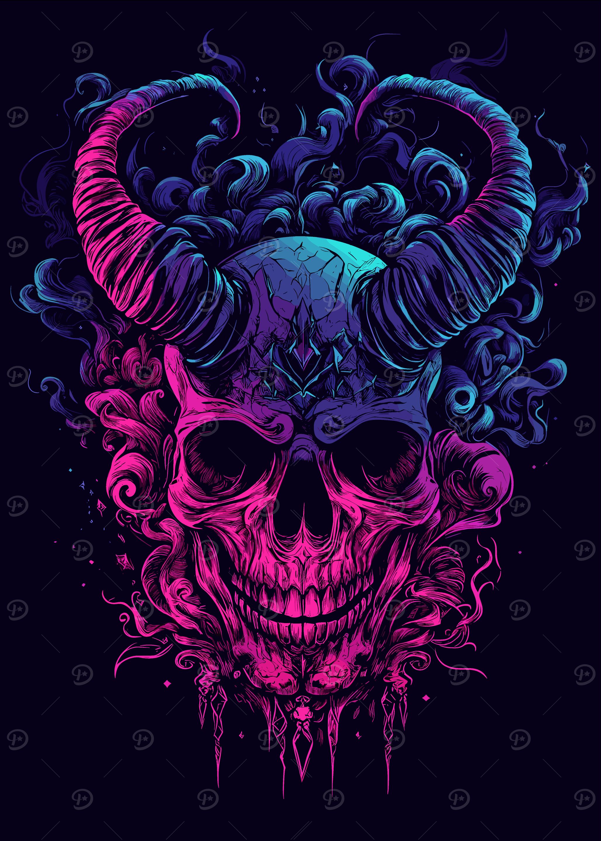 Neon Skull with Horns' Poster, picture, metal print, paint by