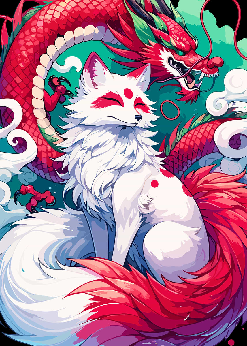 Red Dragon and White Fox' Poster, picture, metal print, paint by