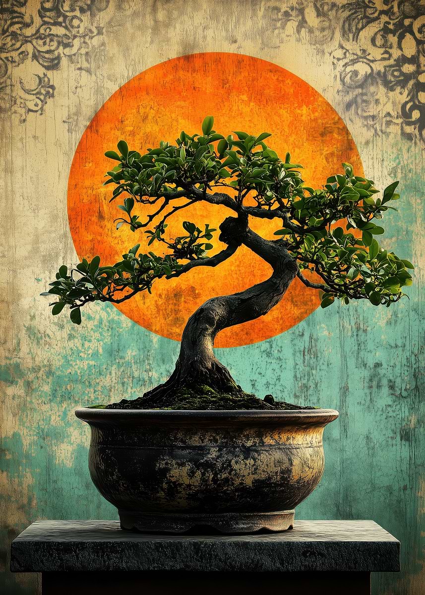 Bonsai Tree with Sunset' Poster, picture, metal print, paint by