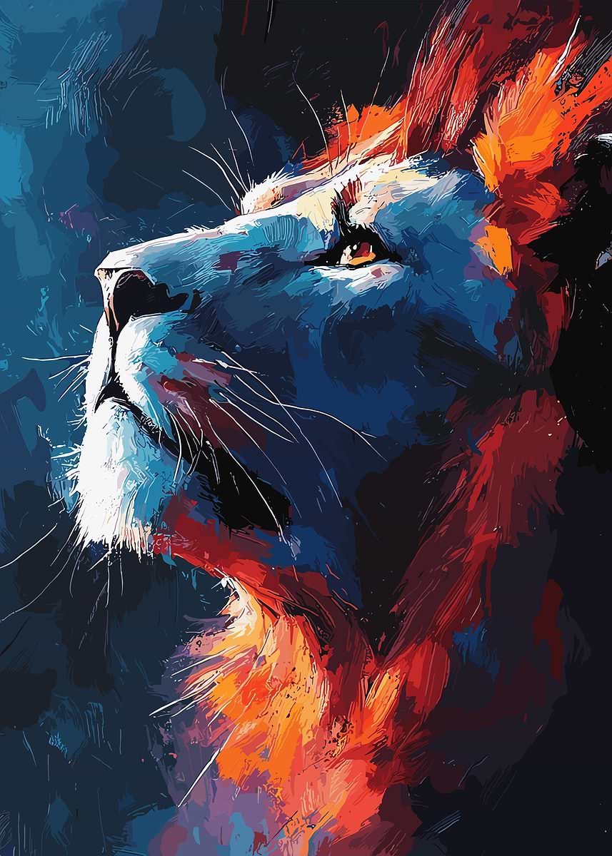Fanth 'Lion Portrait in Blue and Orange' Poster, picture, metal print, paint ...
