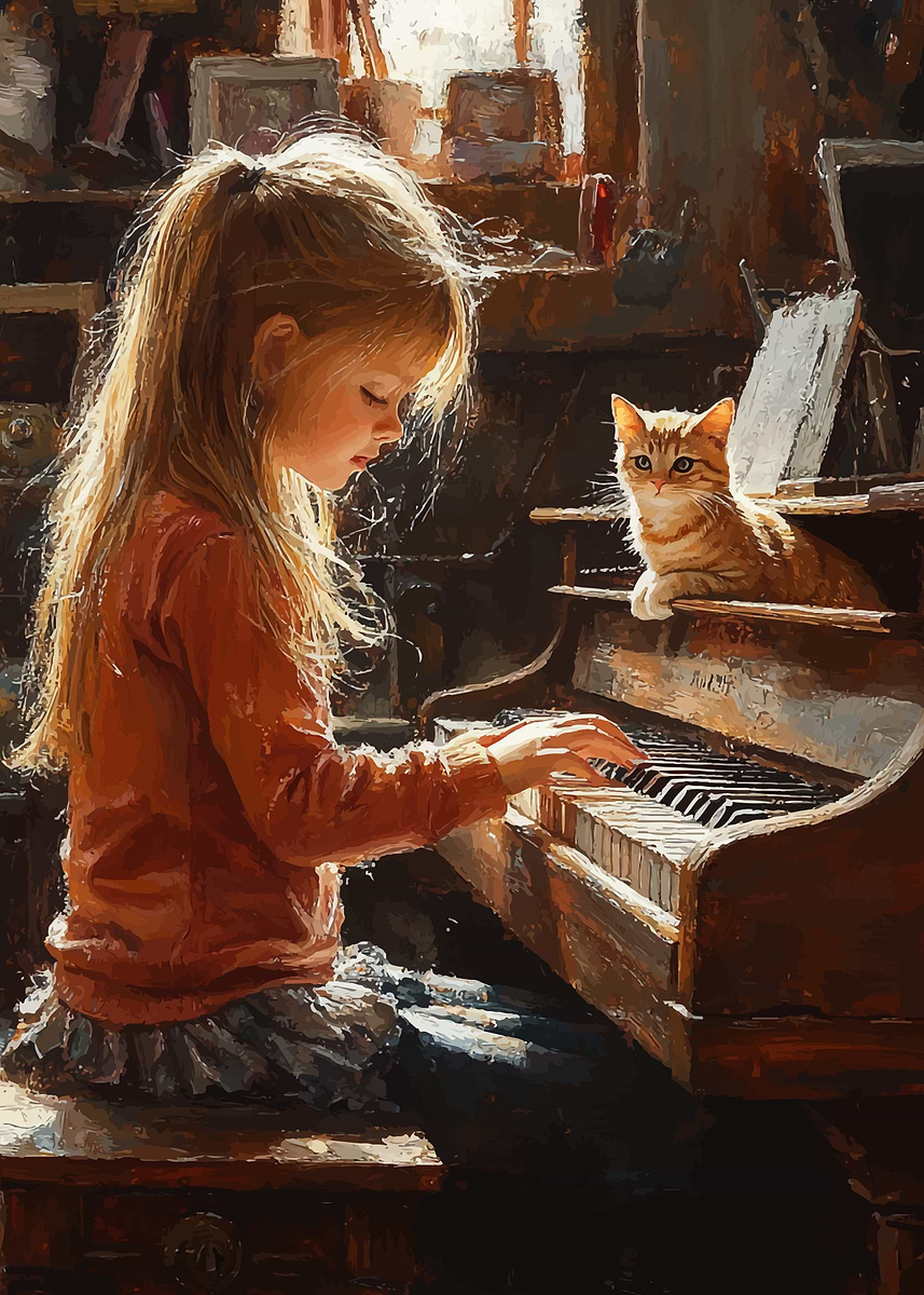 Girl Playing Piano with Cat' Poster, picture, metal print, paint