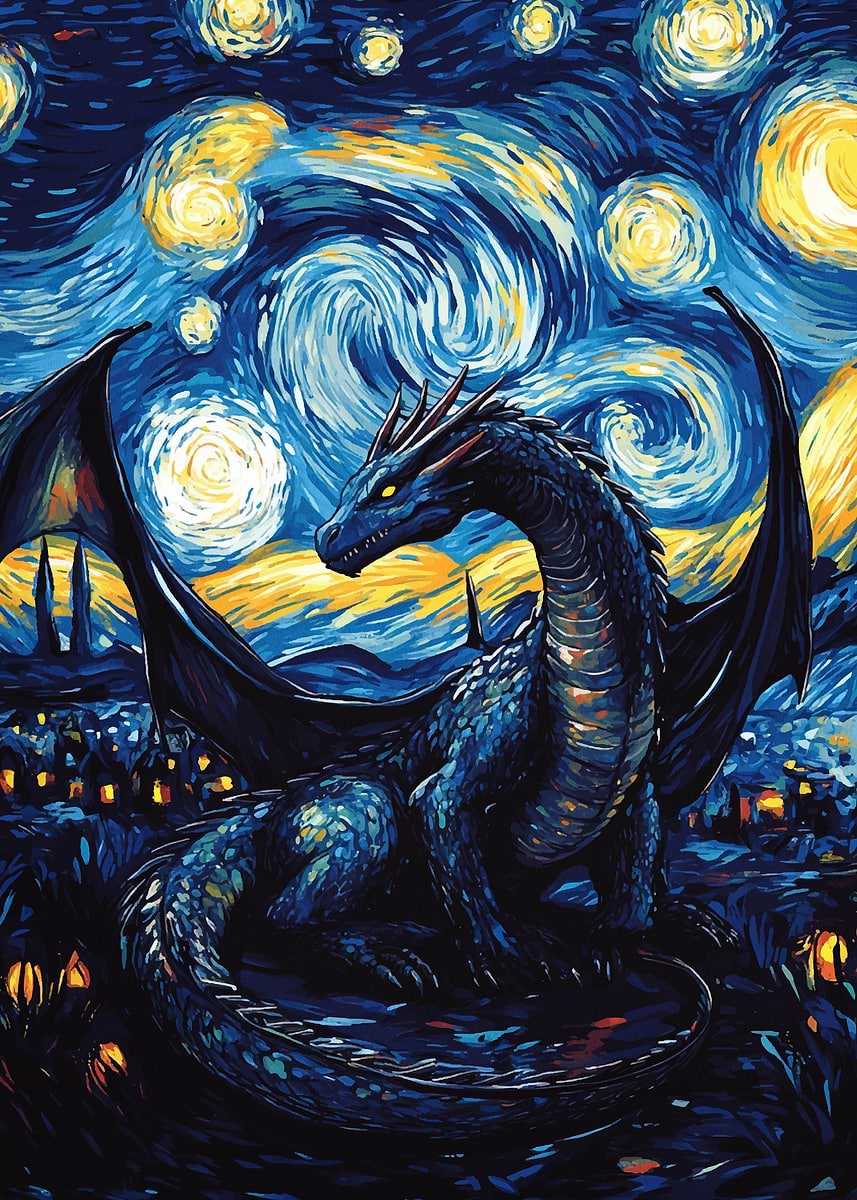 Dragon in Starry Night' Poster, picture, metal print, paint by