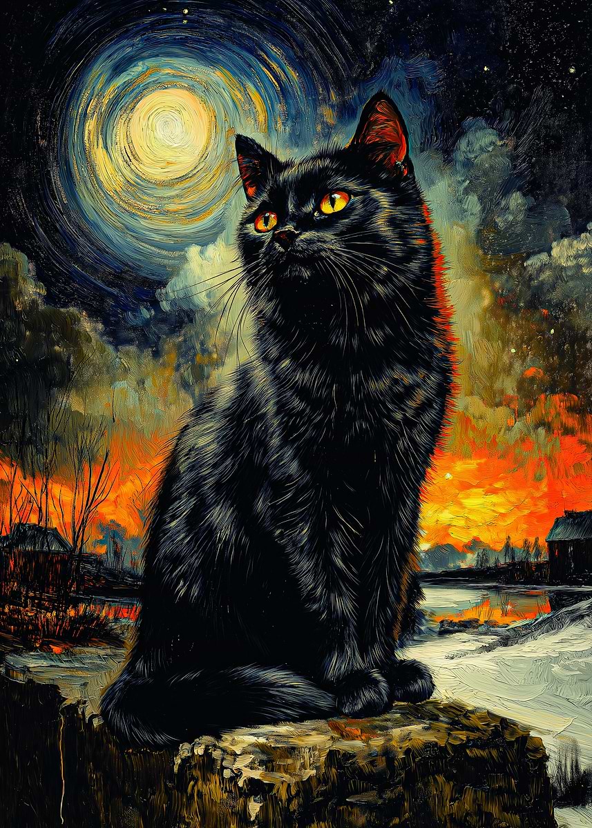 Black Cat Under a Swirling Moon' Poster, picture, metal print