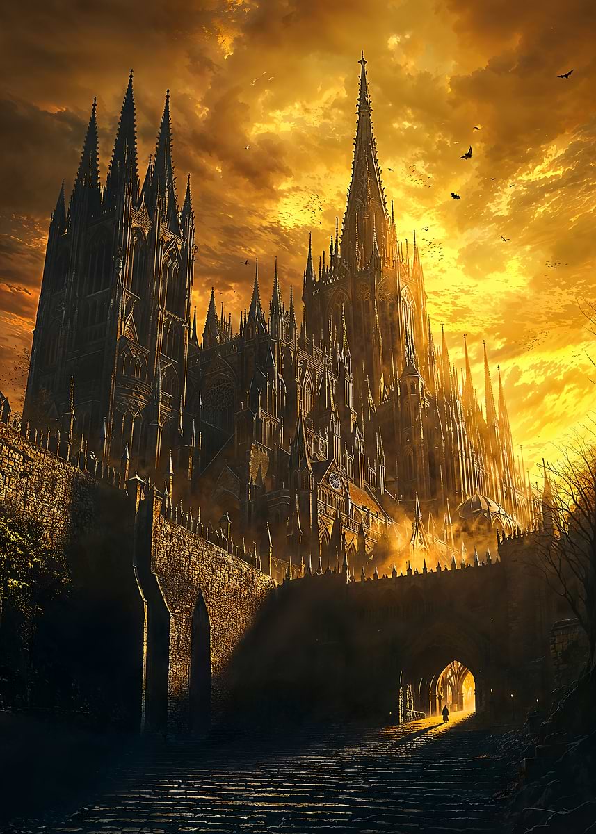 Shadow of the Cathedral — from the Forgotten Fantasy Realms collection, a Pixaverse metal print