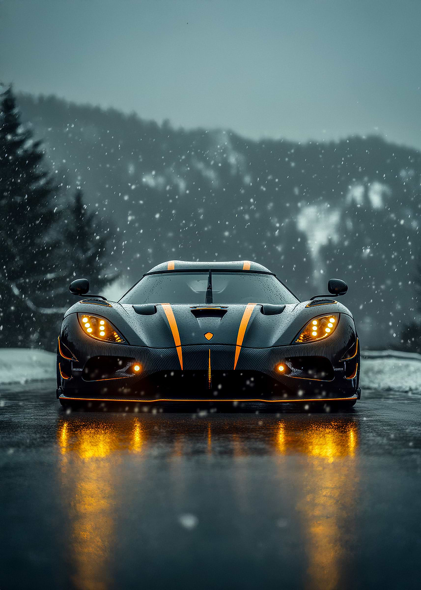 Koenigsegg Agera RS in Snow' Poster, picture, metal print, paint
