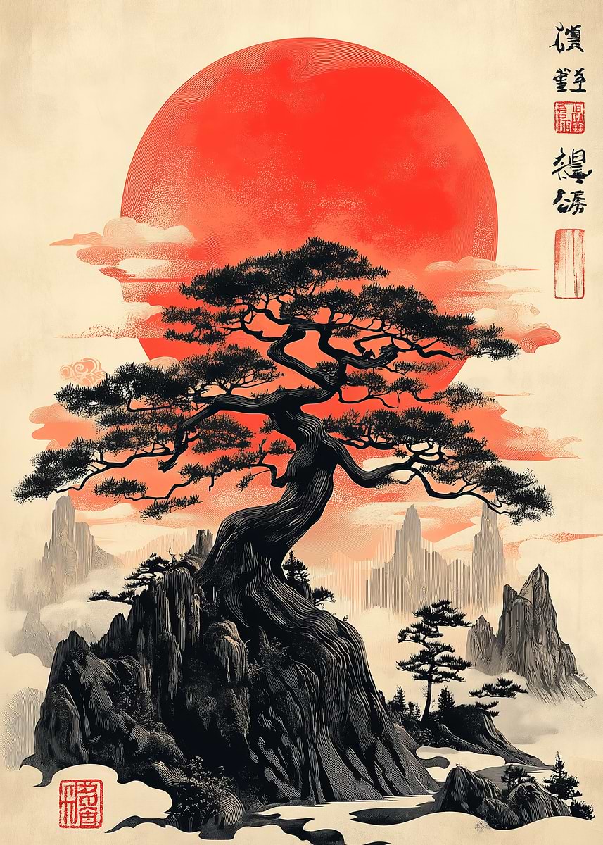 Japanese Bonsai Sunset' Poster, picture, metal print, paint by