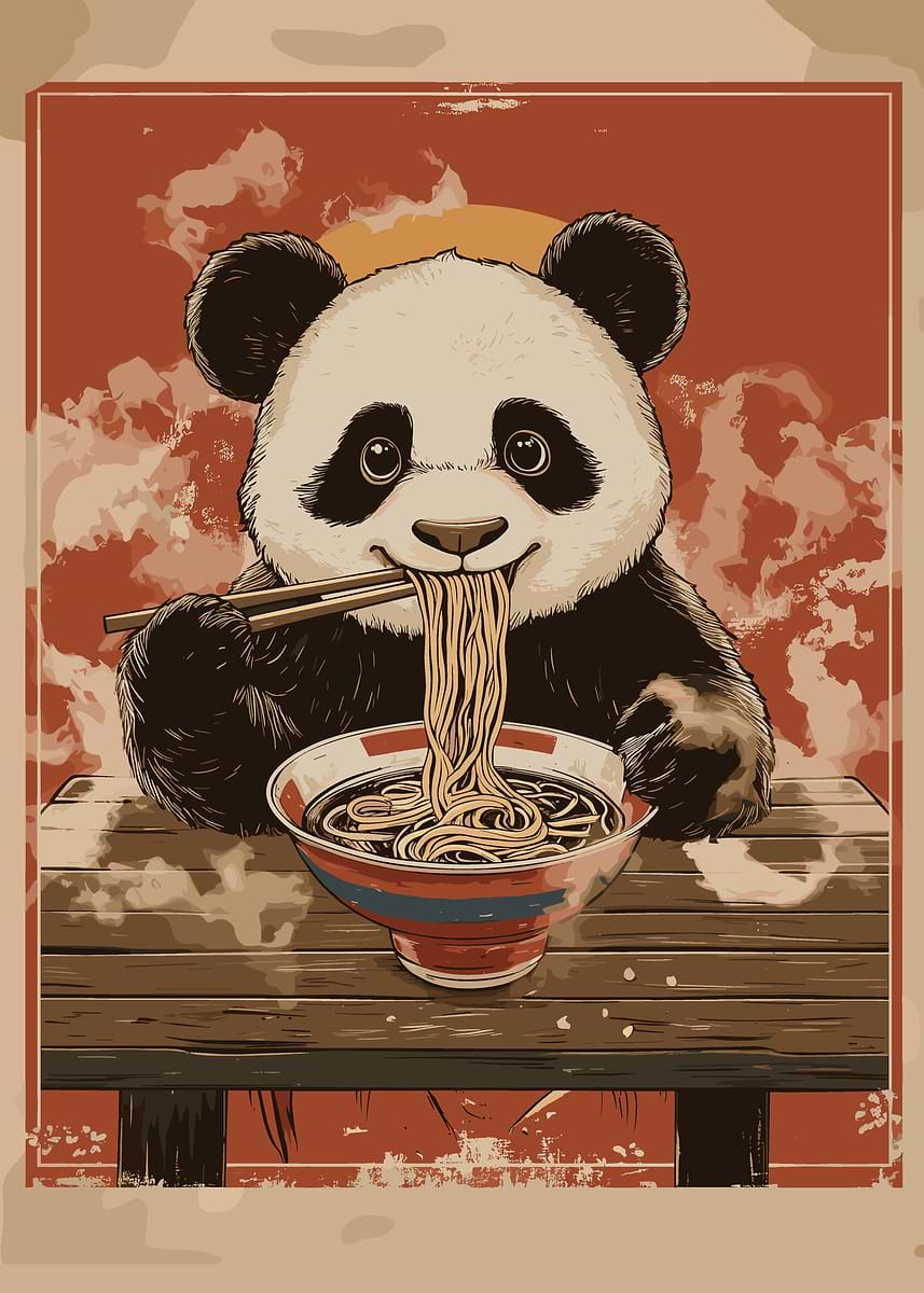 Panda Eating Ramen' Poster, picture, metal print, paint by
