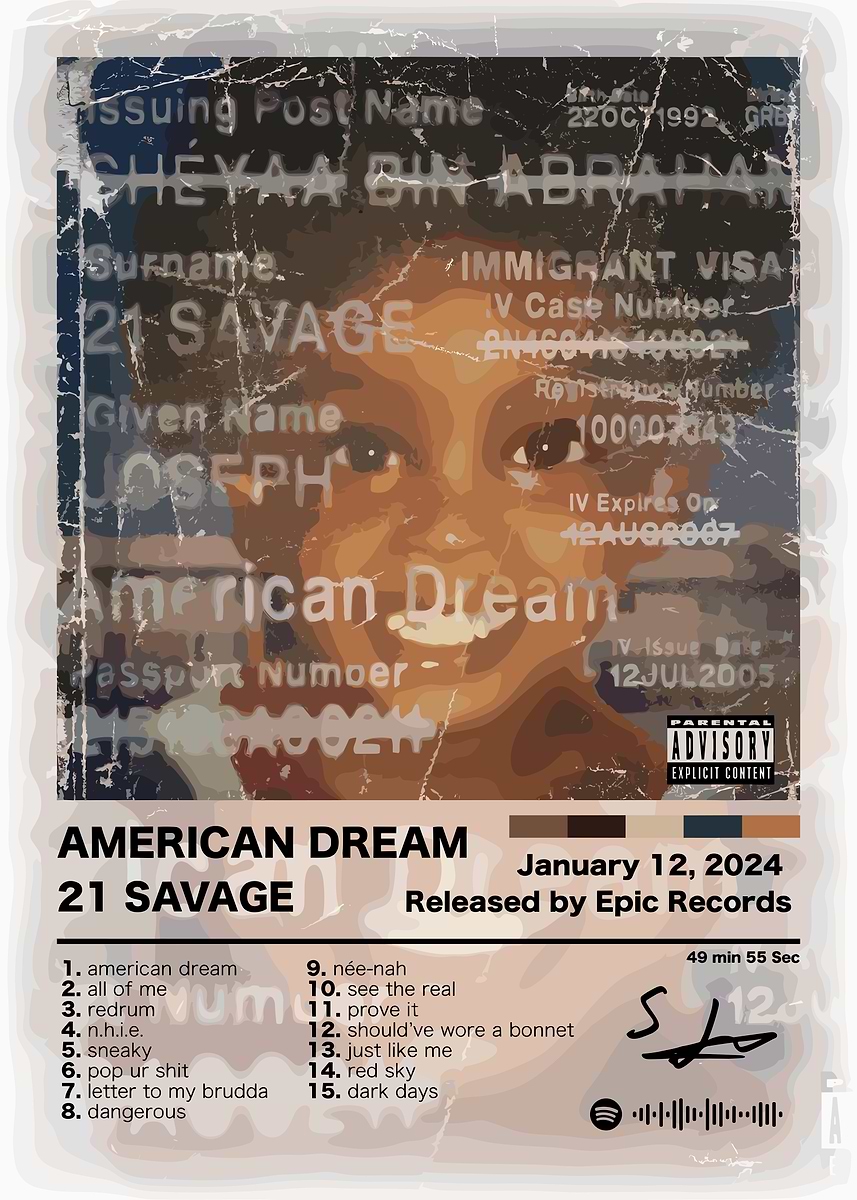 21 Savage American Dream' Poster, picture, metal print, paint by