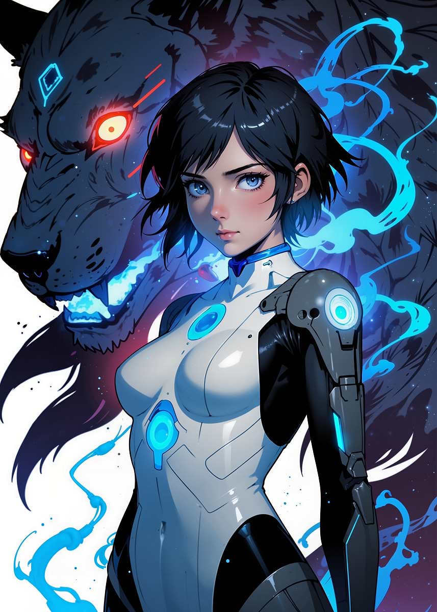 Anime Girl with Wolf' Poster, picture, metal print, paint by