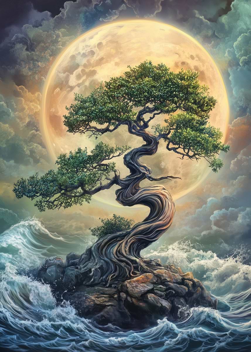 Bonsai Tree Under Full Moon Artwork' Poster, picture, metal print