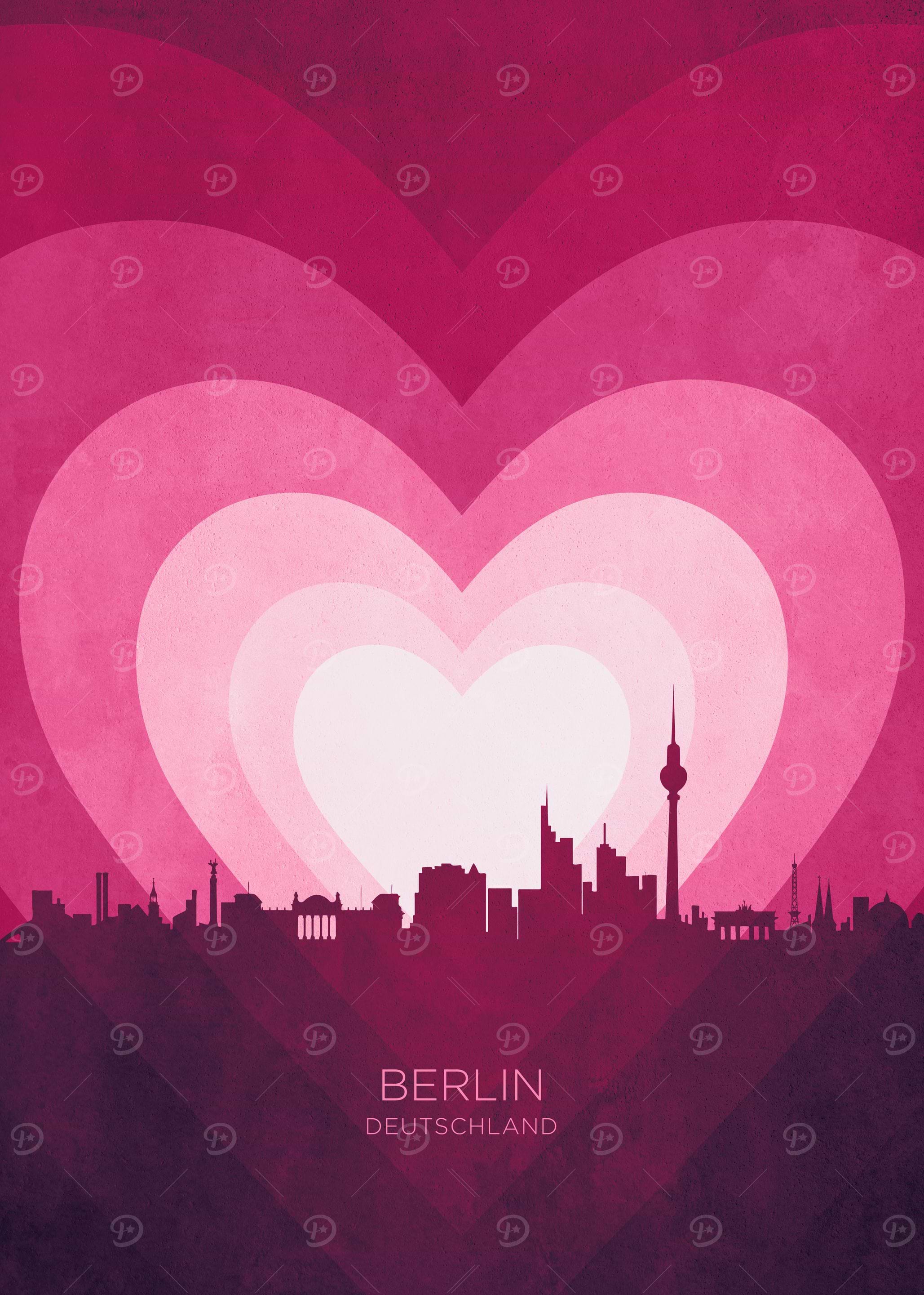 Pink Germany 'Berlin Germany Skyline Hearts Pink' Poster, picture, metal print ...