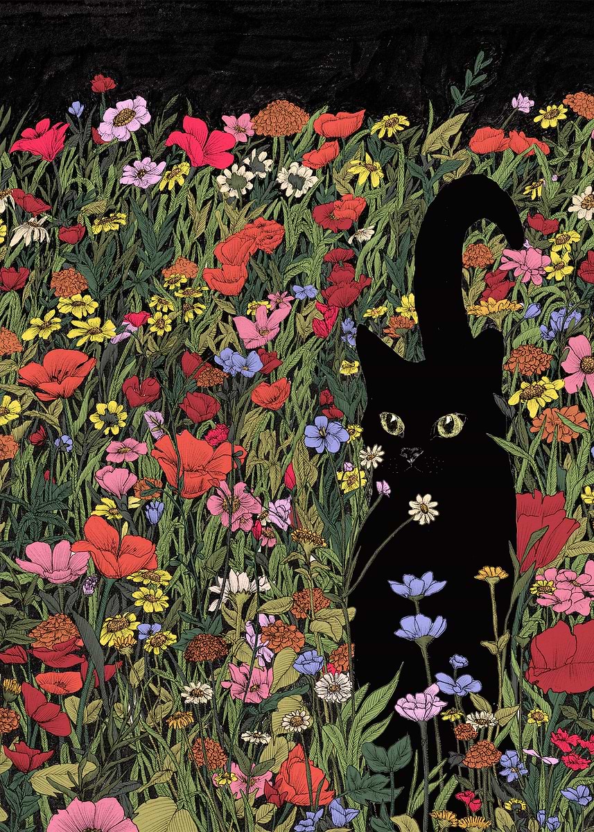 Black Cat in Wildflowers' Poster, picture, metal print, paint by